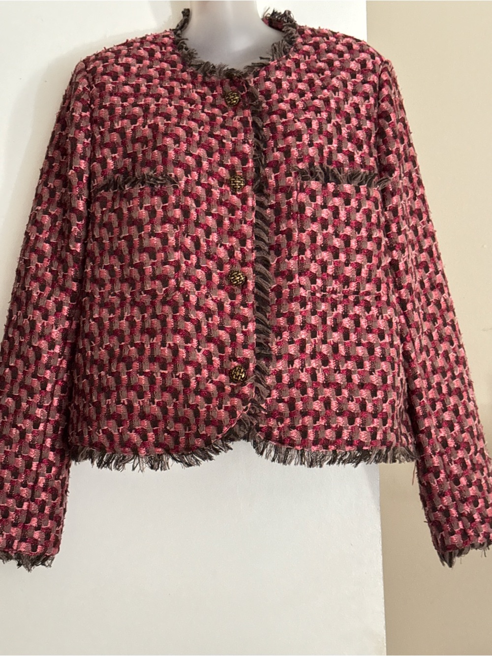 WD.NY Pink and Brown Tweed Fringe Boxy Blazer